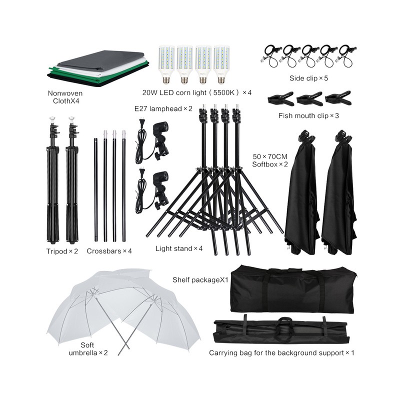 Kit de Studio Photo Softbox, ensemble d'éclairage, trépied, Support de lumière, arrière-plan vert, parapluie, photographie, pris