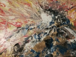 Peinture Huile au couteau. Dans le contexte sanitaire et international, nos regards se figent, à la fois torturés et plein d'espoir, devant cette horde de nouvelles qui nous assaillent chaque jour.